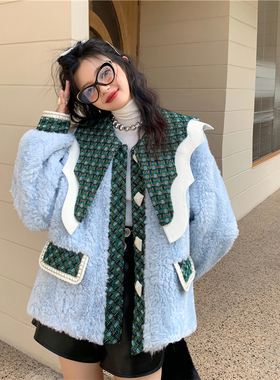 花妖原创小众冬季复古法式拼接撞色波浪边仿獭兔绒淡蓝色皮草外套