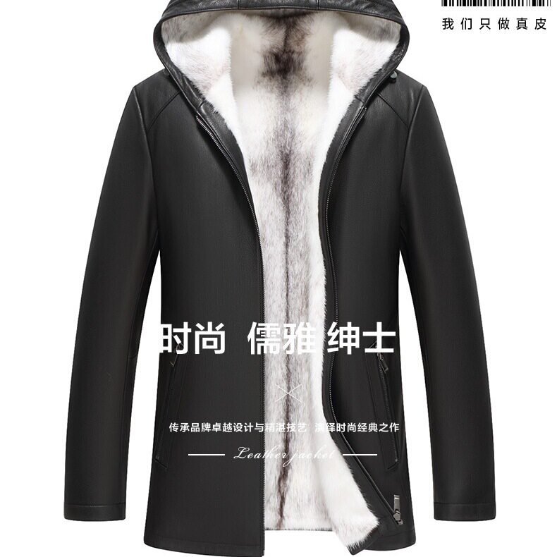 十字貂整貂内胆真皮鹿皮大衣连帽貂绒袖皮毛一体爸爸装貂皮外套潮