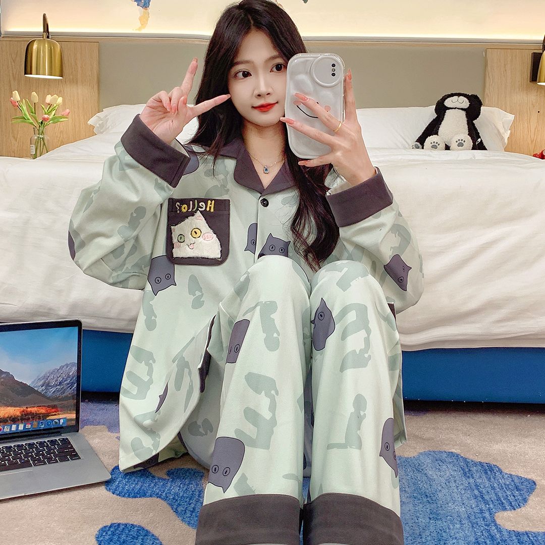 加大码300斤胖mm长袖睡衣女春秋季KT猫宽松可爱卡通家居服套装冬