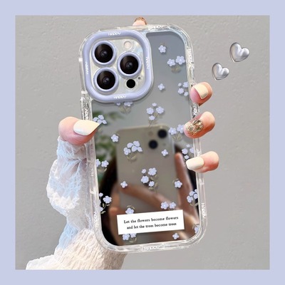 ins风彩绘镜面紫色小碎花适用于苹果16promax壳iPhone15plus防摔14全包13mini可爱/少女12/11创意/保护套