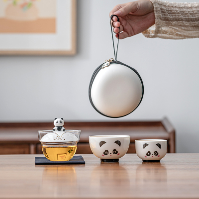 熊猫旅行茶具便携式套装玻璃快客杯一壶二杯户外露营双人喝茶定制