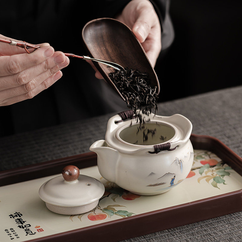 手绘山水汝窑茶具套装一壶四杯带茶盘防烫手抓壶功夫茶器家用套组,餐饮具,功夫茶具,淘宝优惠券,粉丝福利购,淘宝优惠卷