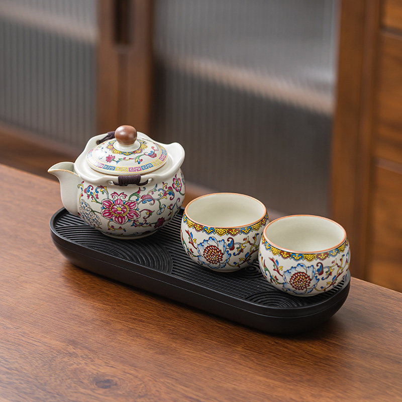 汝窑可养开片手抓壶珐琅彩缠枝莲一壶两杯带茶盘便携茶具,餐饮具,功夫茶具,淘宝优惠券,粉丝福利购,淘宝优惠卷