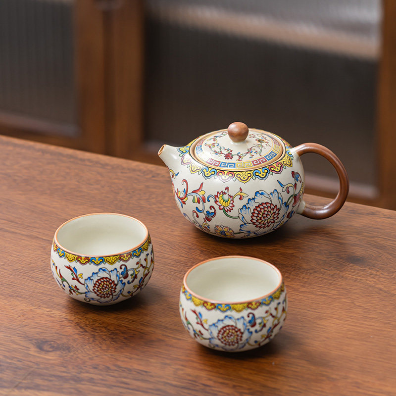 珐琅彩缠枝莲西施壶套装汝窑开片一壶两杯轻奢功夫茶具,餐饮具,功夫茶具,淘宝优惠券,粉丝福利购,淘宝优惠卷