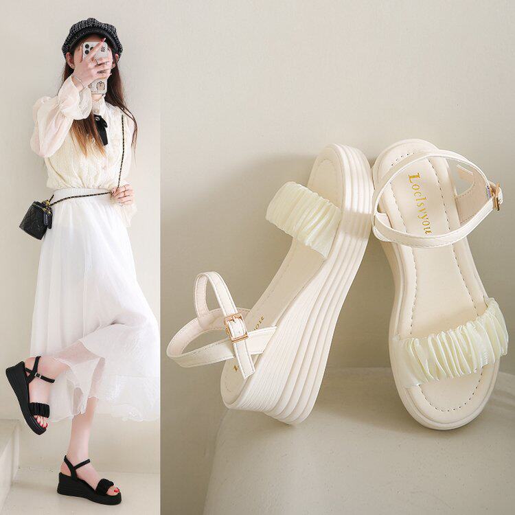网红坡跟高跟凉鞋女夏季2025新款百搭厚底一字扣带仙女风罗