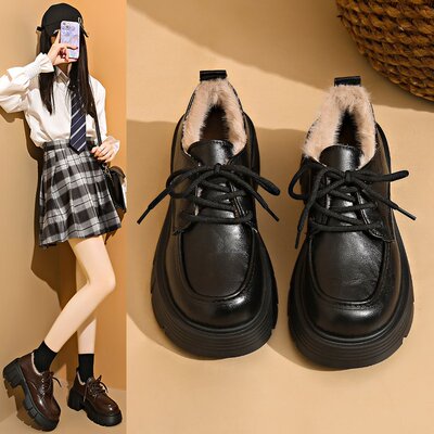 复古英伦风厚底加绒小皮鞋女2024-25年冬季初春新款乐福鞋单鞋