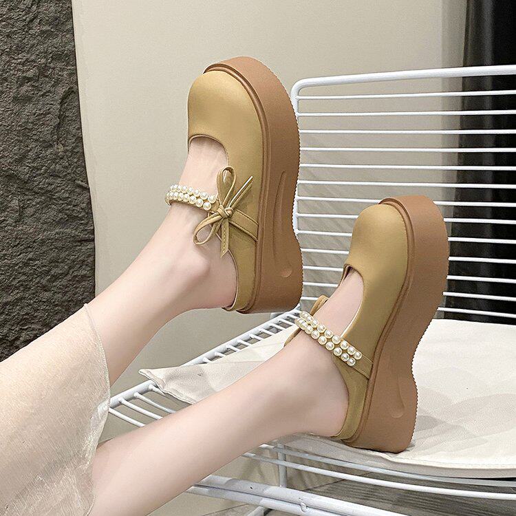 法式包头半拖鞋女外穿2025春夏季新款珍珠仙女风厚底玛丽珍凉拖鞋