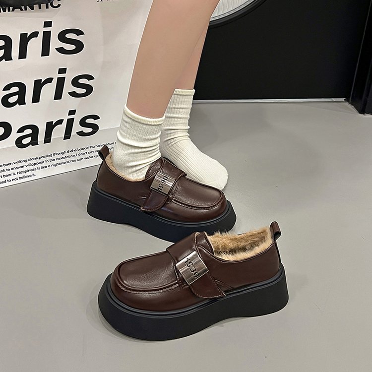 高级加绒乐福鞋女鞋2025新款冬季保暖雪地棉鞋黑色厚底小皮鞋女款