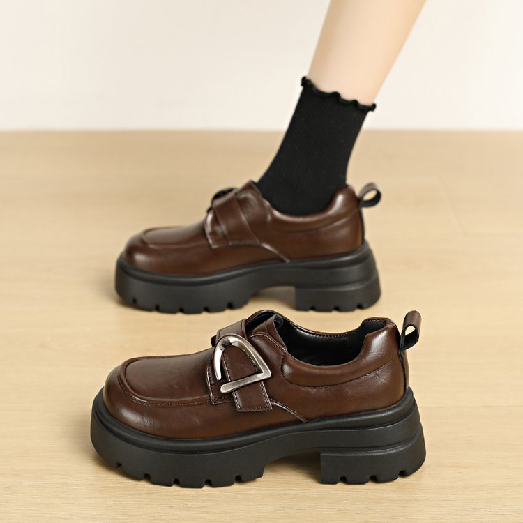 厚底增高小皮鞋女2025秋冬新款配裙子复古百搭英伦风加绒乐福单鞋