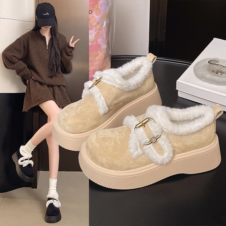 加绒松糕厚底勃肯棉鞋女冬季外穿2025新款小个子复古保暖毛毛鞋子