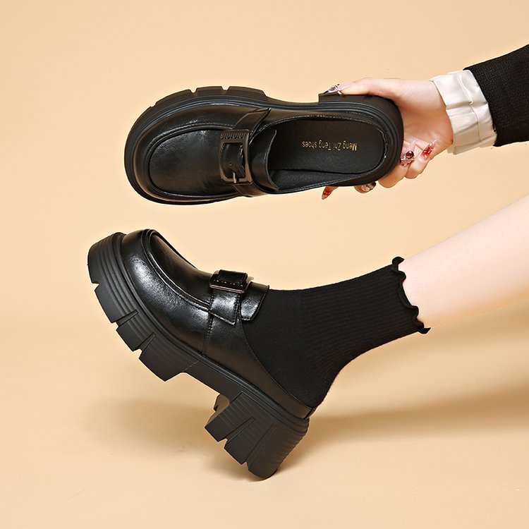 英伦风小皮鞋女2025春季新款厚底增高半拖包头懒人一脚蹬勃肯单鞋