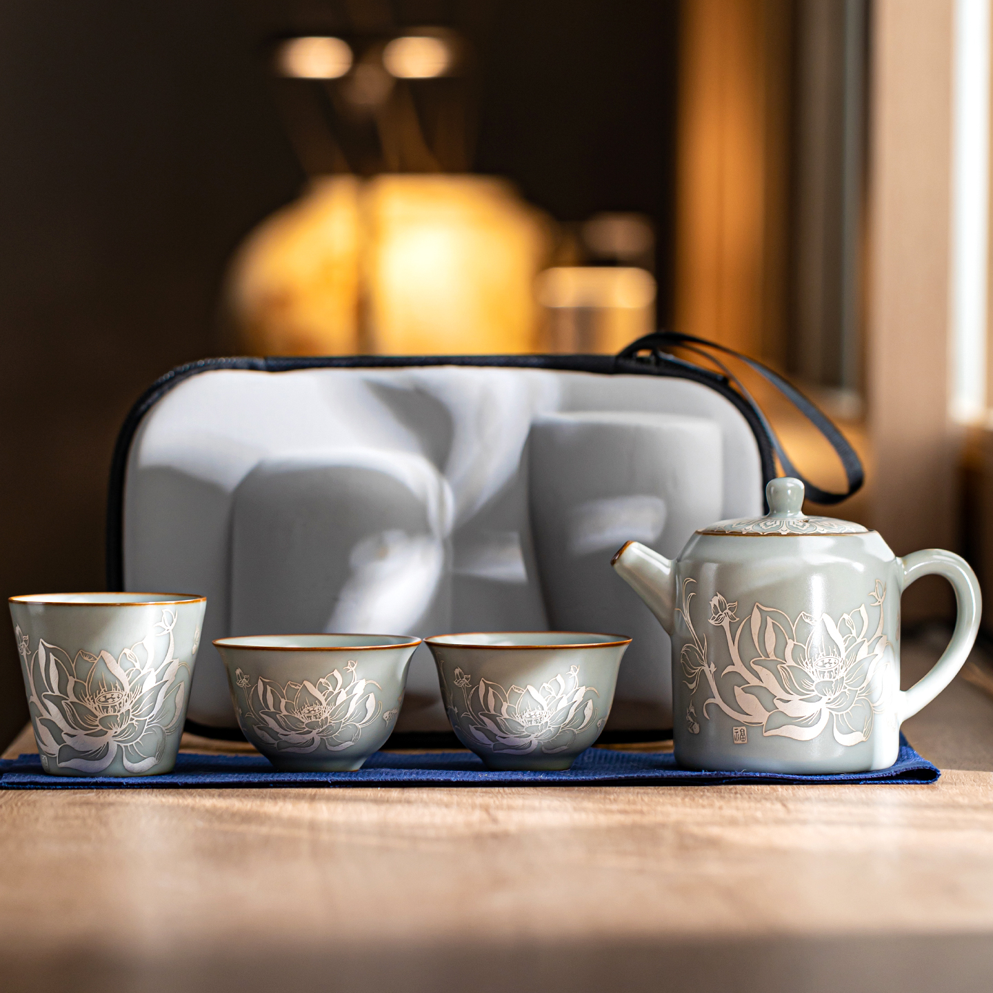 汝窑高端银荷泡茶壶一壶三杯陶瓷开片户外可携式旅行茶具小套装定