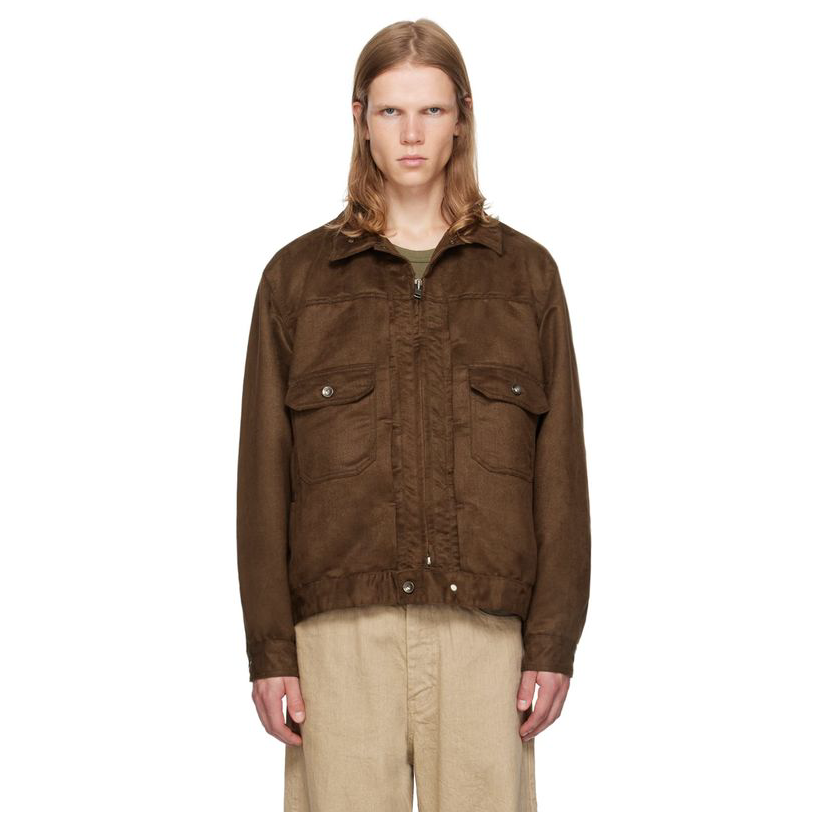 Engineered Garments 棕色纽扣袢人造皮衣男防风夹克户外轻薄中