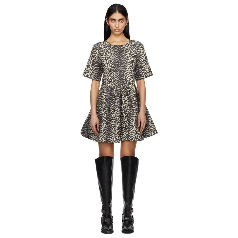 GANNI 灰色 Leopard Cotton Tweed 连衣裙女通勤百搭裙子女婚礼