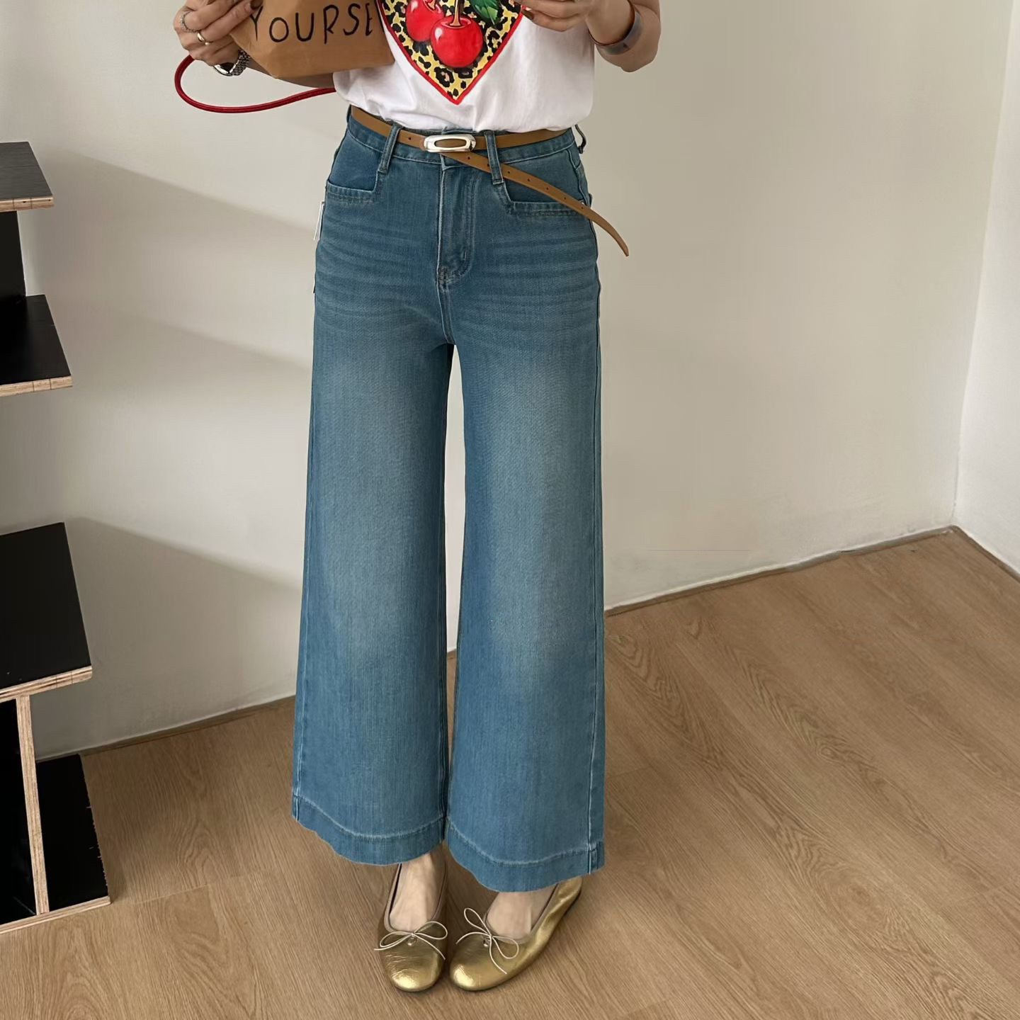 卡蓝秀韩系简约奶奶裤女2026夏季新款小个子四面弹高腰阔腿牛仔裤