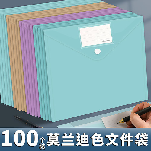 100个A4按扣文件袋莫兰迪色加厚大容量带标签款透明斜纹资料文件学生试卷收纳袋档案袋彩色文件袋办公用品袋
