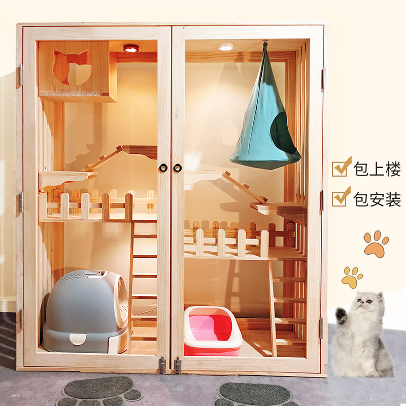 豪华实木大猫笼巨猫别墅宠物大型猫窝封闭式猫舍房子玻璃家用公寓