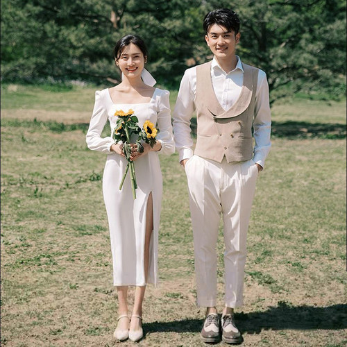 法式轻婚纱气质领证简约长袖小白裙旅拍缎面连衣裙订婚回门小礼服 - 封面