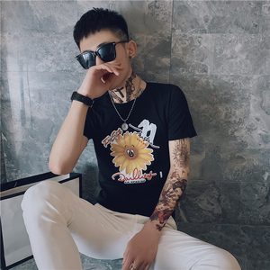 夏季短袖T恤男修身印花潮流衣服潮牌时尚社会小伙菊花精神小伙P38图片