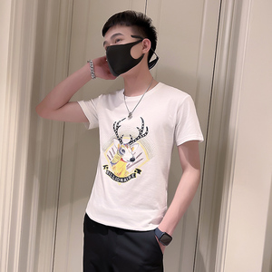 圆领T男装套头夏季打底时尚潮牌修身短袖薄钻半袖烫体恤p28图片