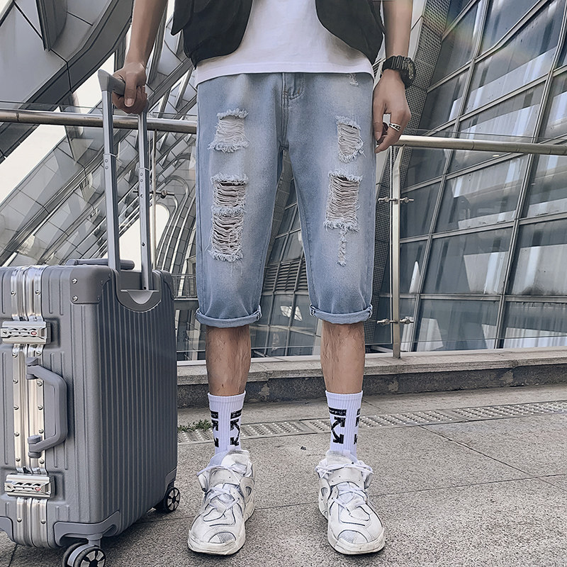2025男夏季短裤韩版潮流牛仔裤七分裤破洞浅色7分裤网红中裤-p45,男装牛仔裤,电商A270