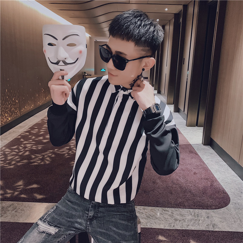 男士衬衫长袖潮流个性社会精神小伙韩版宽松痞帅条纹衣服帅气P50图片