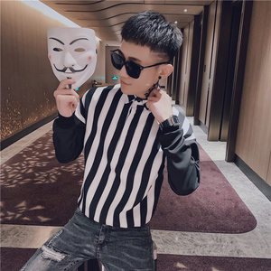 男士衬衫长袖潮流个性社会精神小伙韩版宽松痞帅条纹衣服帅气P50图片