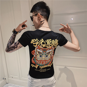 2025夏季男短袖t恤半袖潮流体恤修身网红衣服潮牌百搭黑AT26-P35图片