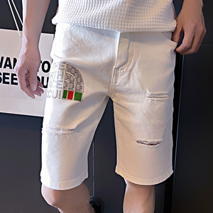 中潮流牛仔潮牌薄修身破洞夏季短裤休闲弹力男裤子五分裤白色P48图片