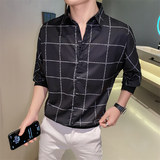 格子衬衫男夏季新款冰丝薄款短袖帅气衬衣潮流痞帅网红发型师P40，男装T恤，电商A270