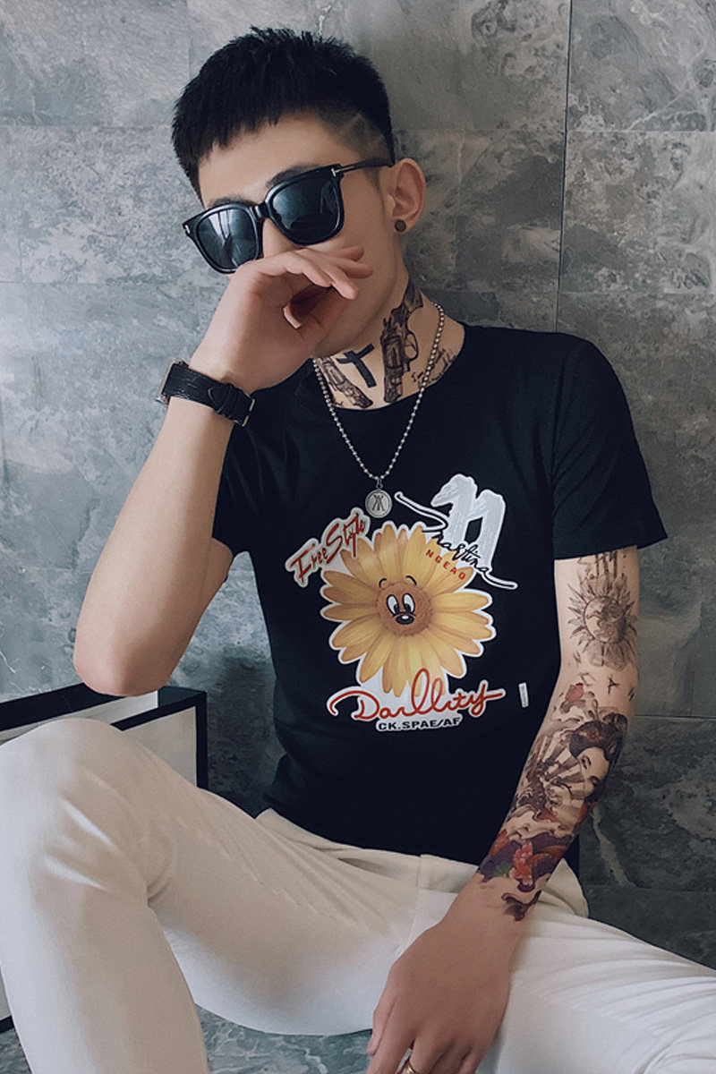 夏季短袖T恤男修身印花潮流衣服潮牌时尚社会小伙菊花精神小伙P38,男装T恤,电商A270