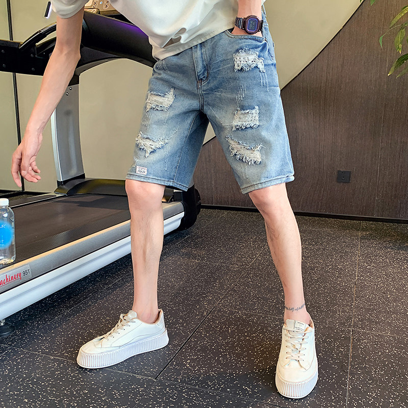 2025夏季男士短裤五分裤马裤中裤牛仔潮流破洞薄款破洞男裤子P50图片
