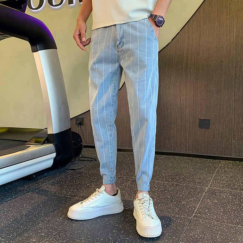 夏季男士牛仔裤九分裤裤子修身潮牌休闲条纹弹力休闲裤2023-P55图片