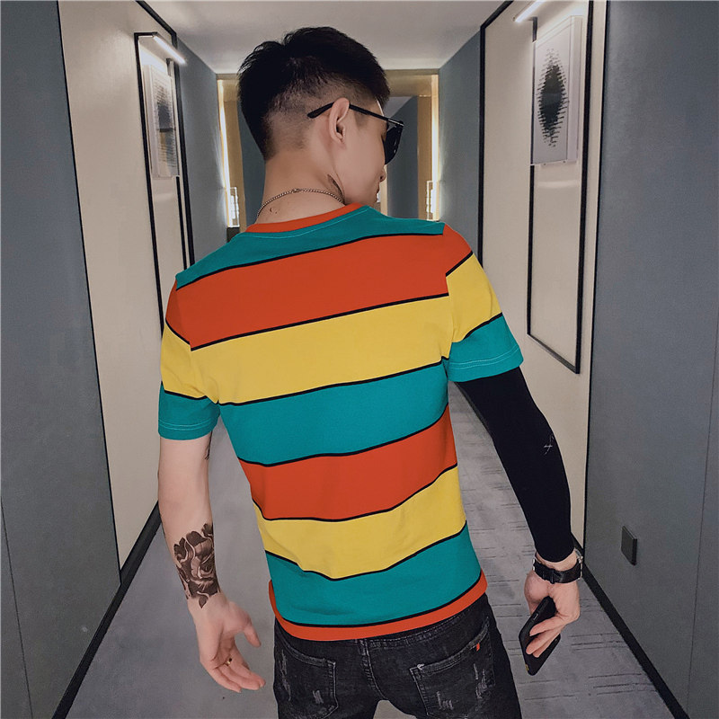 夏季男士圆领条纹T恤彩虹短袖半袖时尚个性网红潮流衣服潮牌P38,男装T恤,电商A270