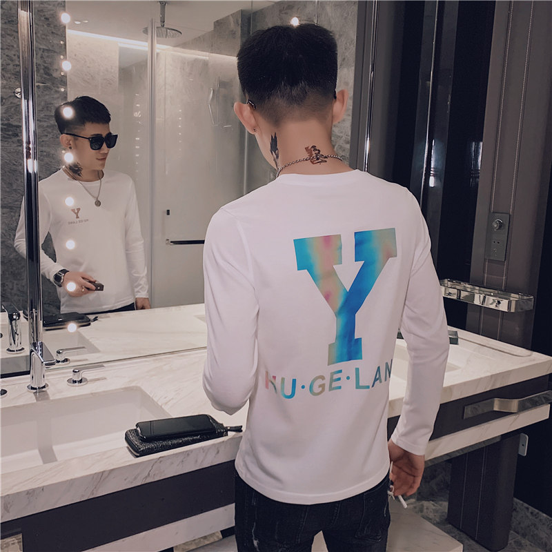 男长袖t恤修身潮流打底衫上衣服2025秋季新款韩版潮牌印花个性P40图片
