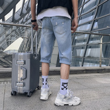 2025男夏季短裤韩版潮流牛仔裤七分裤破洞浅色7分裤网红NZ22-p45，男装牛仔裤，电商A270