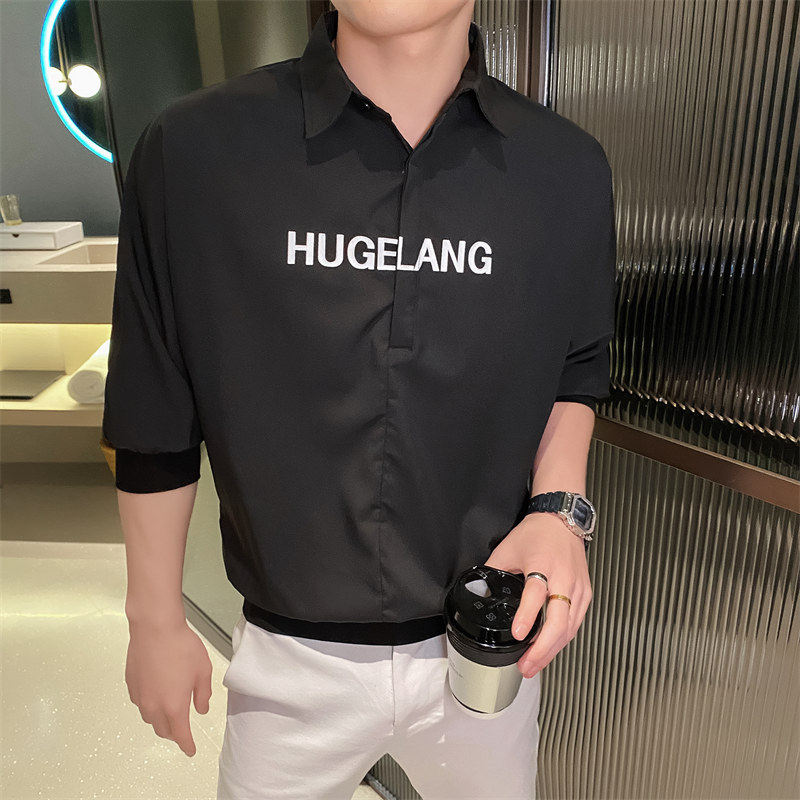 发型师衬衫男夏季新款冰丝薄款五分袖帅气衬衣潮流痞帅网红P40图片
