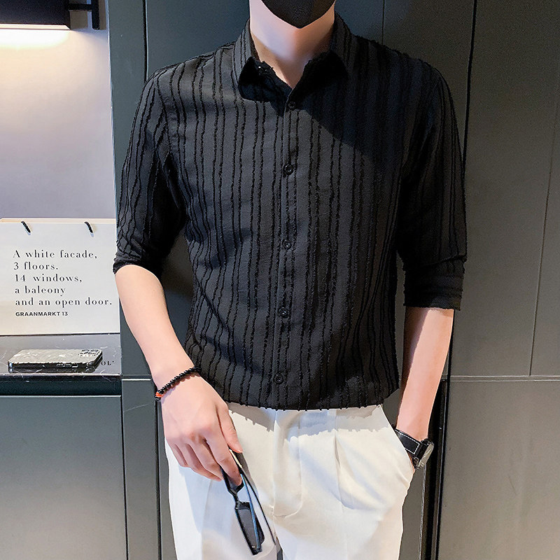 夏季男衬衫七分袖条纹休闲帅气痞帅高级感短袖发型师潮牌男装P58,男装T恤,电商A270