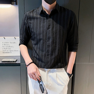 夏季男衬衫七分袖条纹休闲帅气痞帅高级感短袖发型师潮牌男装P58图片