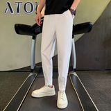 夏季男士裤子休闲裤九分裤修身潮流薄款弹力西裤2023-AX124-P45黑，男装西裤，电商A270
