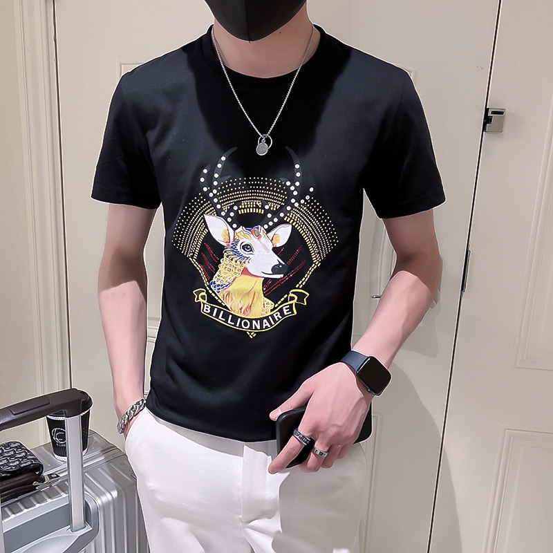 圆领T男装套头夏季打底时尚潮牌修身短袖薄钻半袖烫体恤p28,男装T恤,电商A270