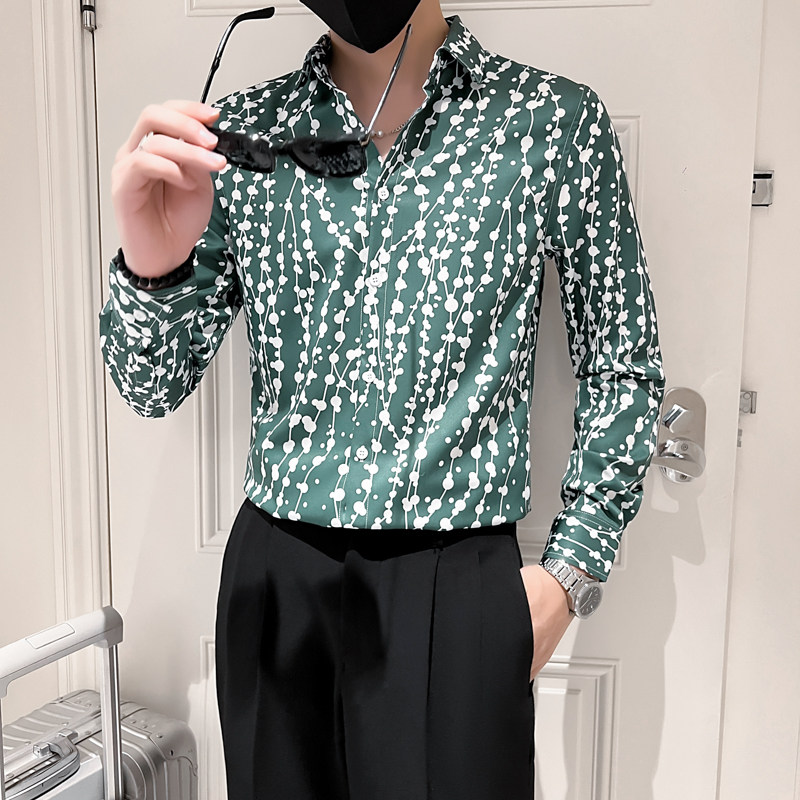 2025秋季男士长袖衬衫韩版修身发型师痞帅工作服绿色P55图片