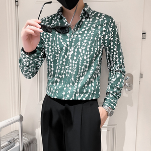 2025秋季男士长袖衬衫韩版修身发型师痞帅工作服绿色P55图片