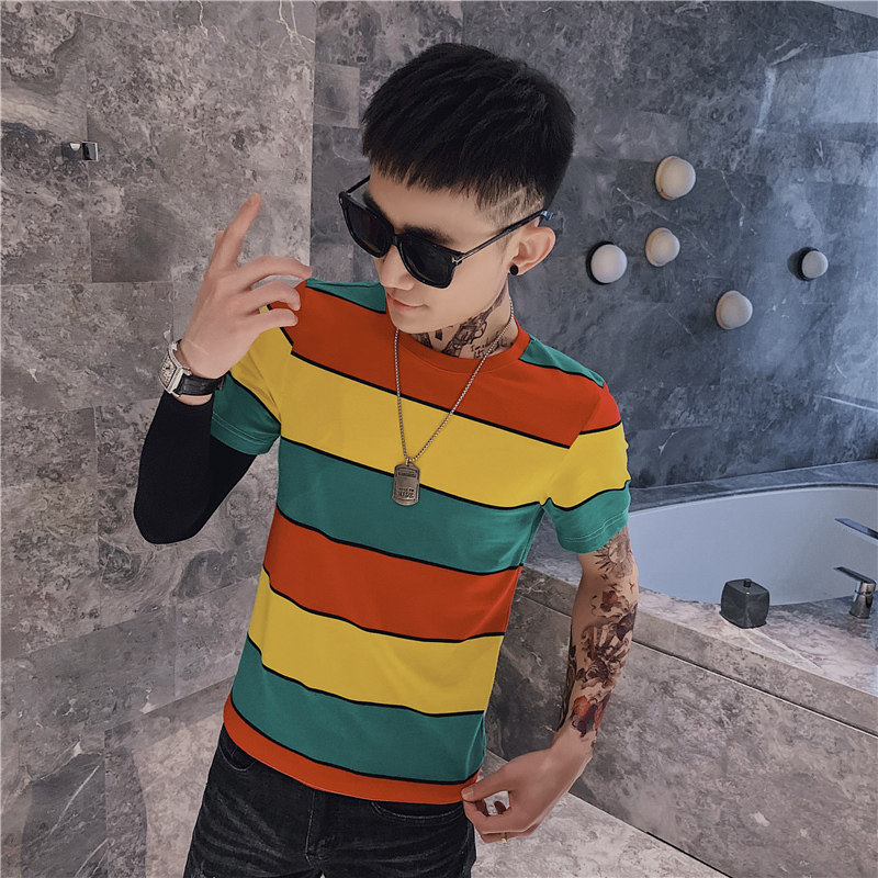 夏季男士青年条纹T恤彩虹短袖半袖时尚个性网红潮流衣服潮牌P38,男装T恤,电商A270