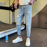夏季男士牛仔裤九分裤裤子宽松潮牌休闲破洞八分裤2023-P48，男装牛仔裤，电商A270