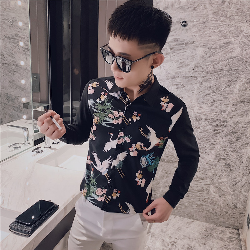 男士衬衫修身印花仙鹤帅气百搭潮流上衣服衬衣工作服精神小伙P50图片
