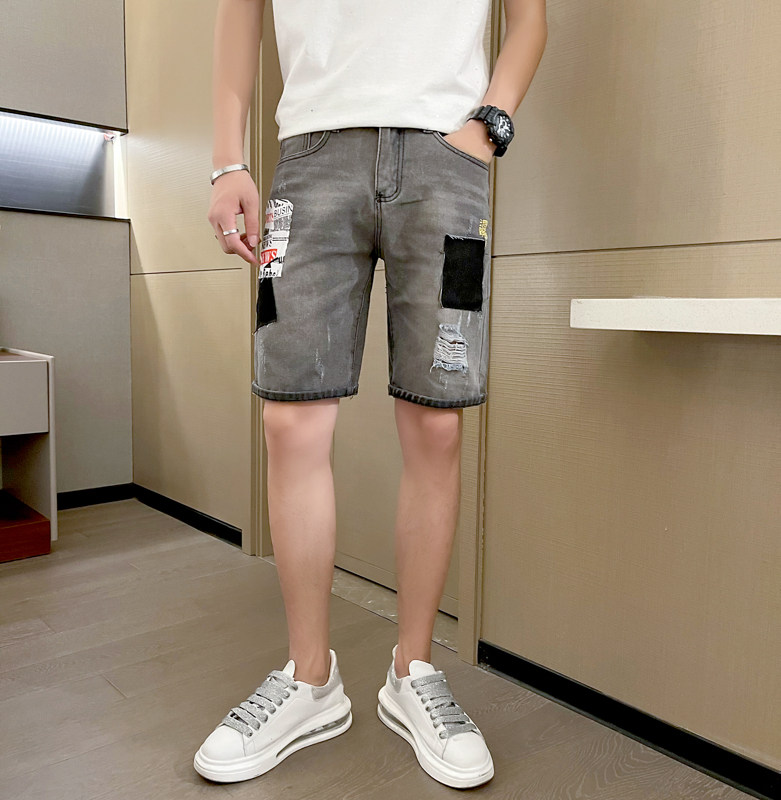 2025男夏季短裤韩版潮流牛仔裤五分裤破洞浅色5分裤修身-p48图片