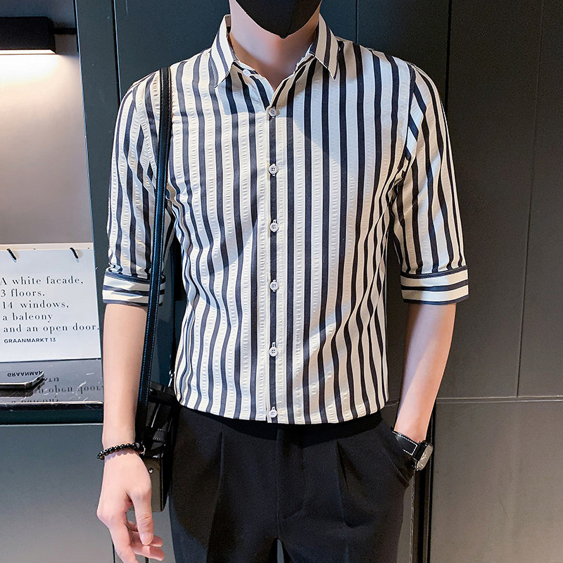 夏季男士衬衫衬衣男装短袖修身半袖中袖潮流条纹五分袖发型师P55,男装T恤,电商A270