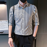 夏季男士衬衫衬衣男装短袖修身半袖中袖潮流条纹五分袖发型师P55，男装T恤，电商A270