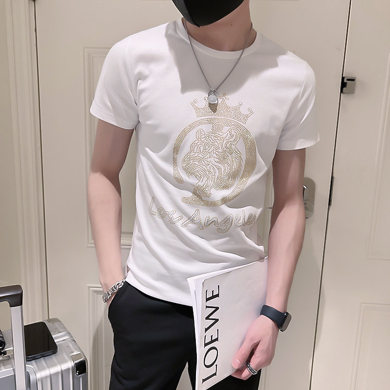老虎头新款T恤薄款男圆领打底休闲2022钻上衣烫夏季短袖半袖P38图片